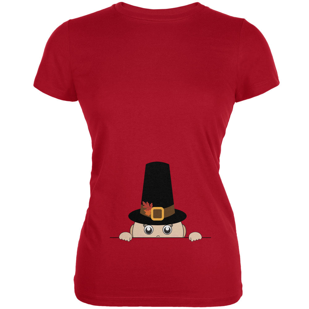 Peeking Baby Thanksgiving Pilgrim Red Juniors Soft T-Shirt Juniors T-Shirts Old Glory 2XL Red 