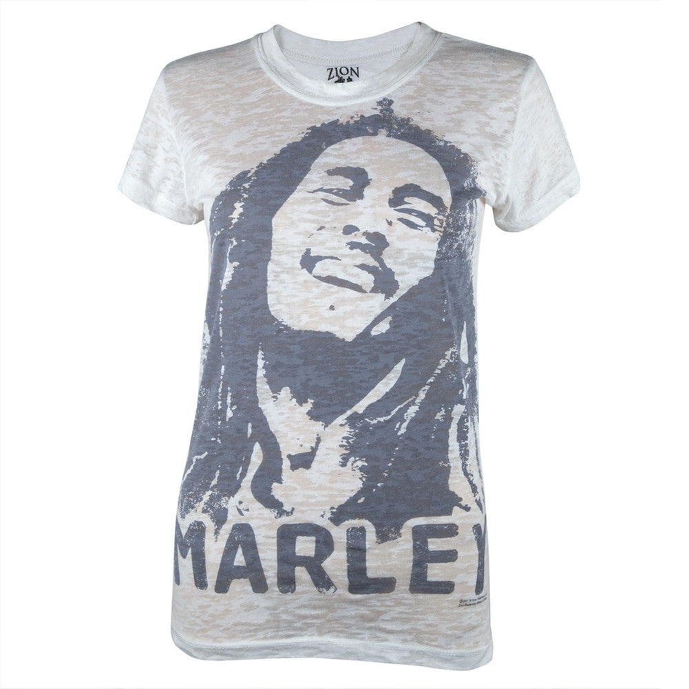 Bob Marley - Over-Dye Portrait Burnout Juniors T-Shirt Juniors T-Shirts Bob Marley SM White 