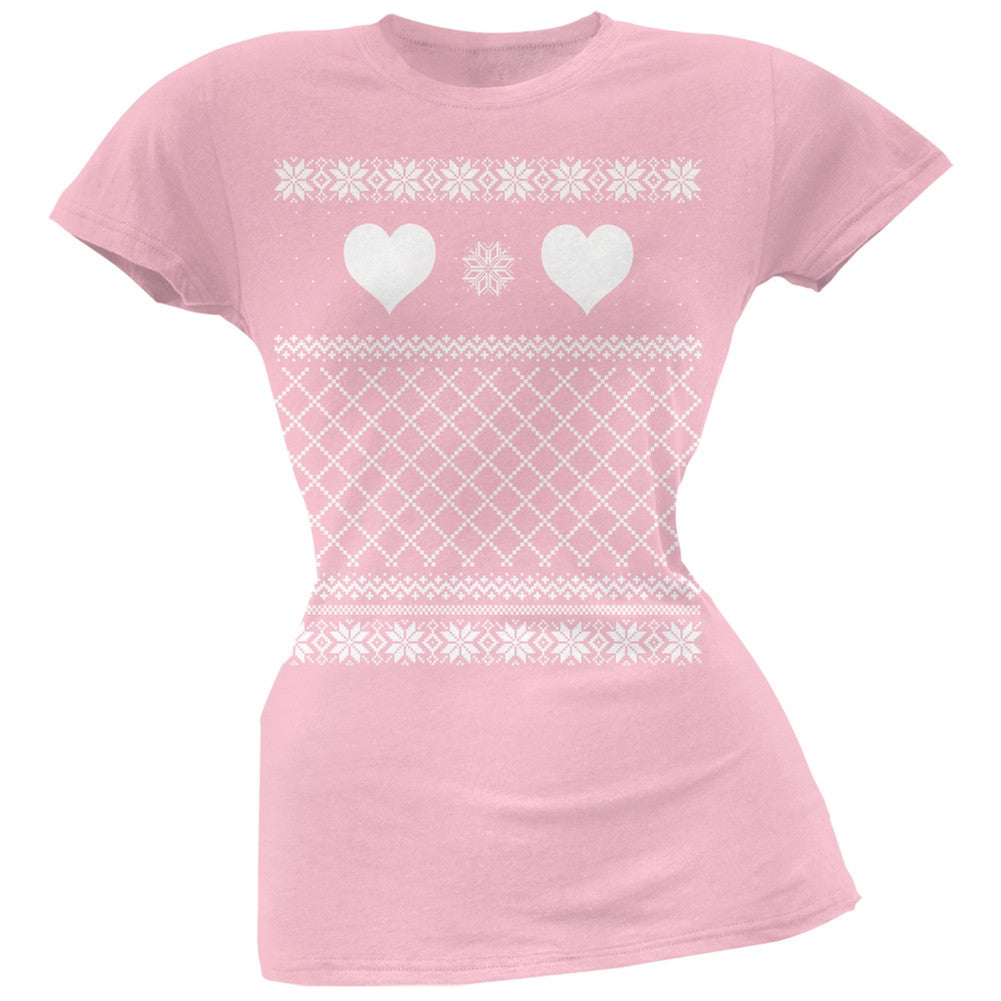 Valentine Heart Ugly Valentine Sweater Pink Soft Juniors T-Shirt Juniors T-Shirts Old Glory 2XL Pink 