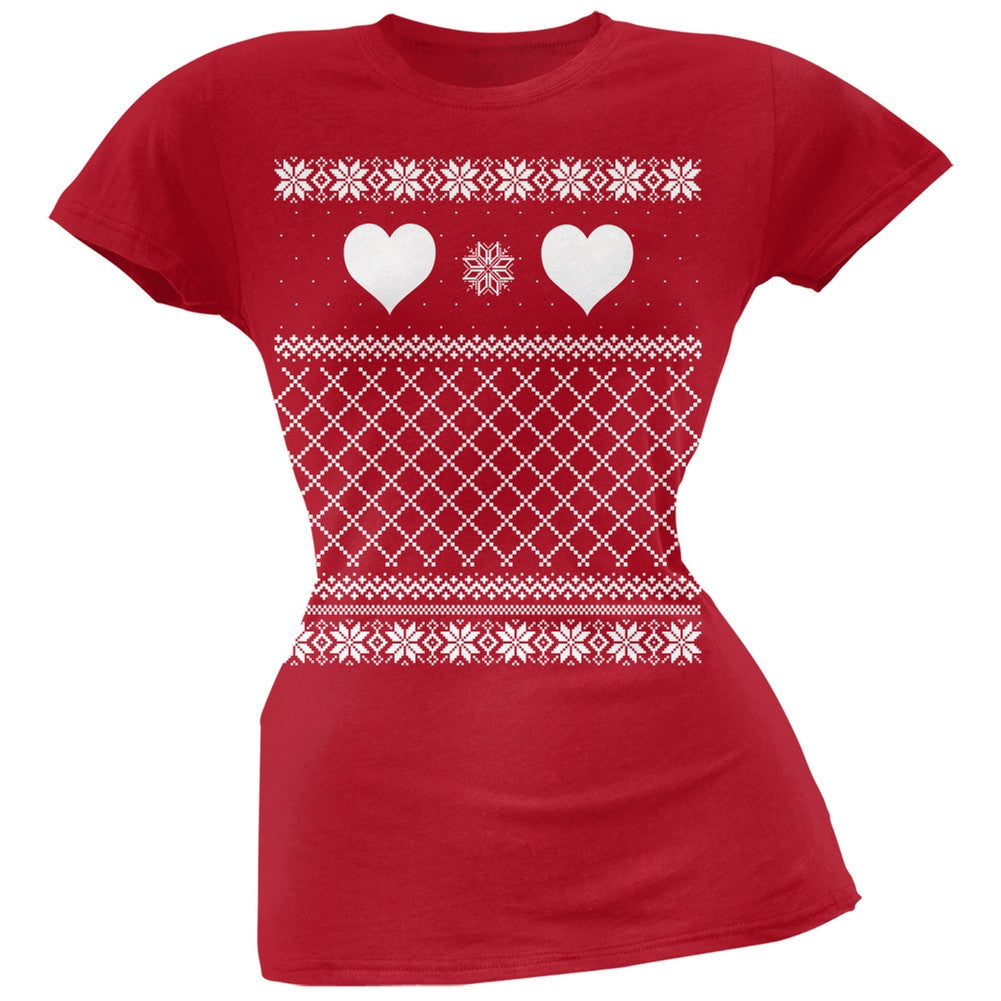 Valentine Heart Ugly Valentine Sweater Red Soft Juniors T-Shirt Juniors T-Shirts Old Glory 2XL Red 