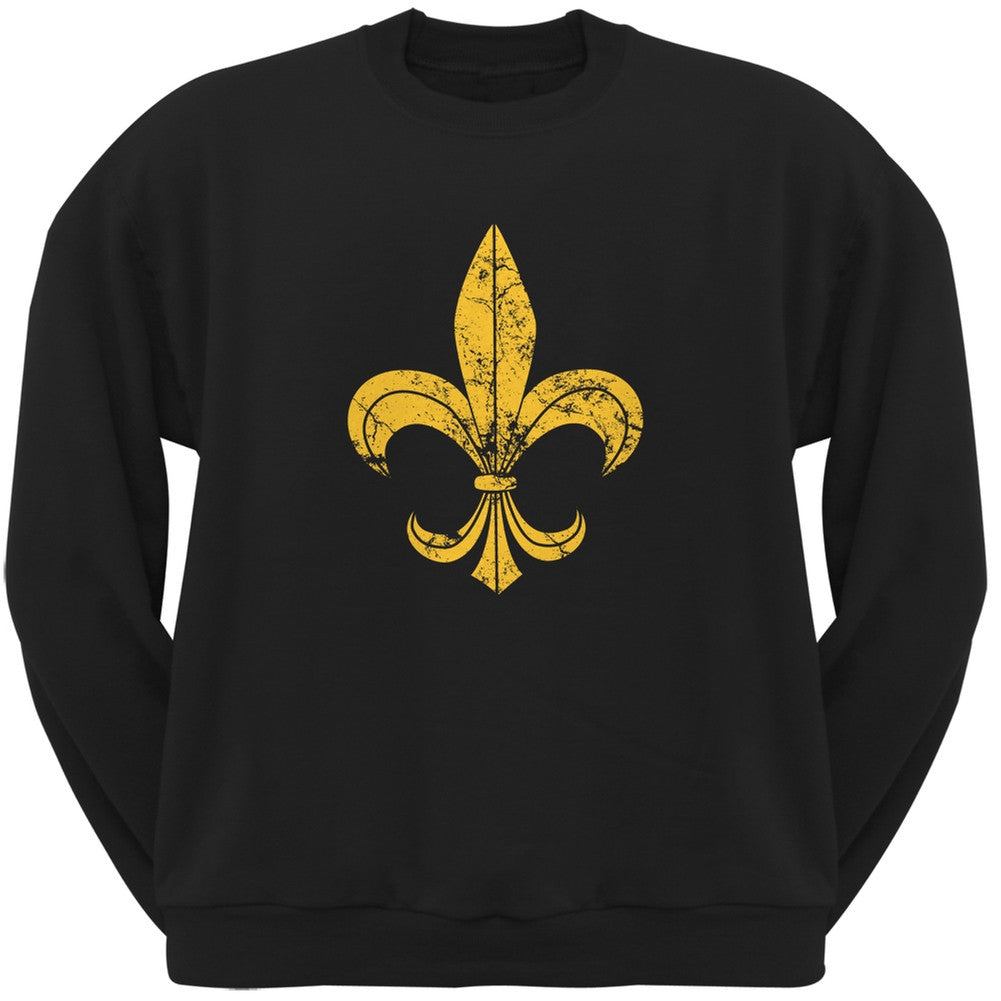 Mardi Gras-Distressed Fleur-de-lis Black Crew Neck Sweatshirt Men's Sweatshirts Old Glory 2XL Black 