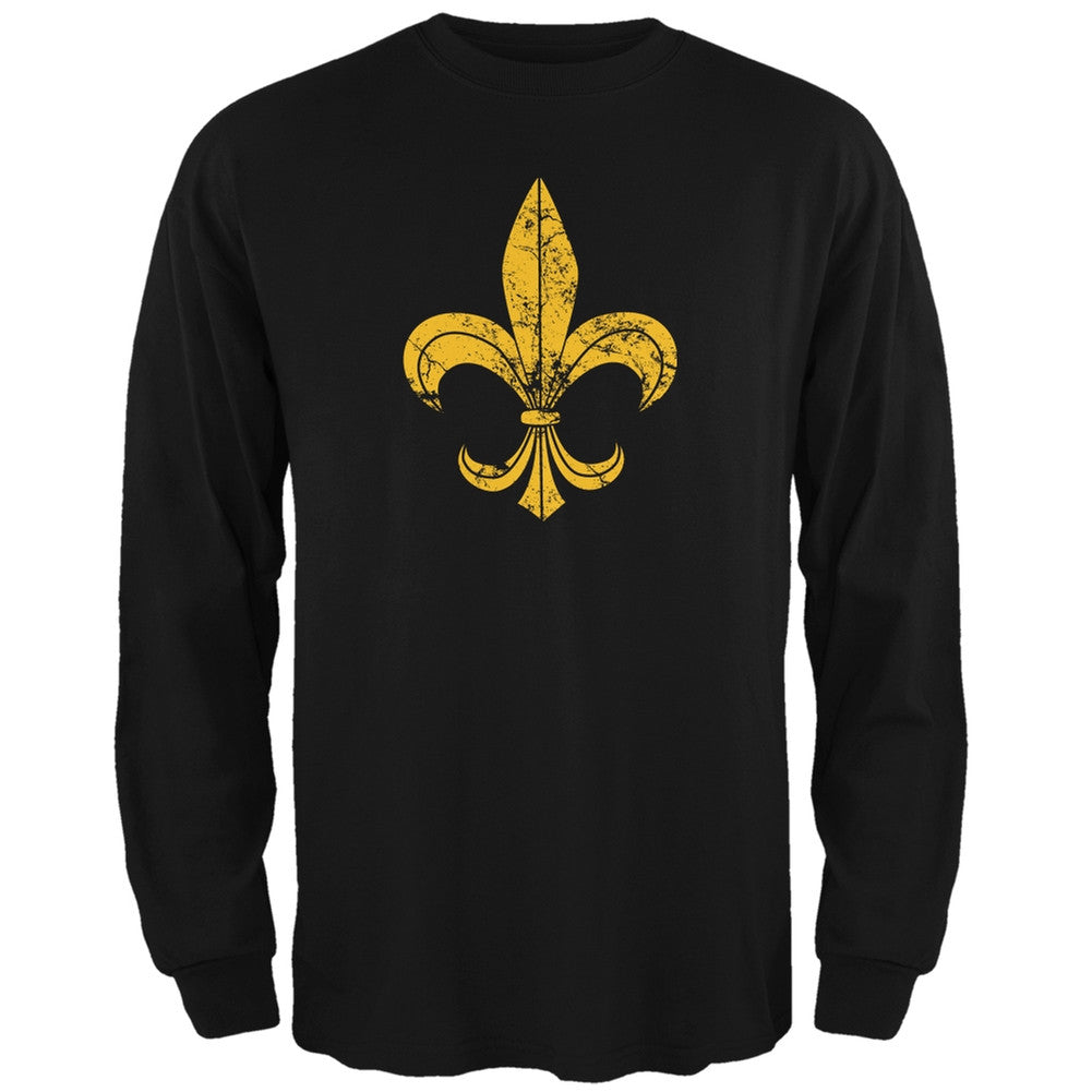 Mardi Gras-Distressed Fleur-de-lis Black Long Sleeve T-Shirt Men's Long Sleeves Old Glory 2XL Black 