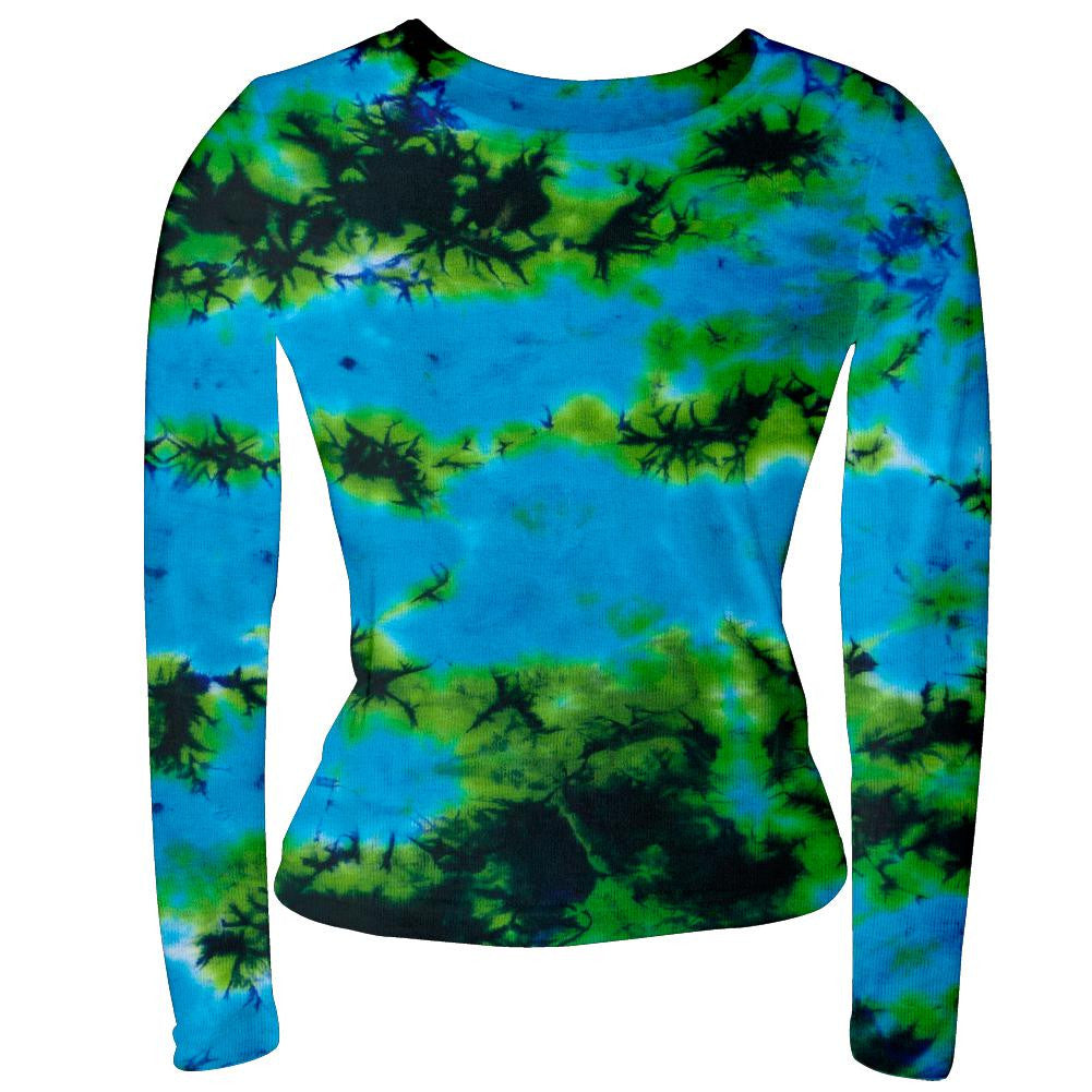 Aqua & Green Crinkle Tie Dye Juniors Long-Sleeve T-Shirt Juniors Babydolls Old Glory   