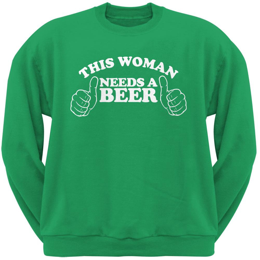 St. Patricks Day -This Woman Needs a Beer Irish Green Adult Crew Neck Sweatshirt Men's Sweatshirts Old Glory 2XL Green 