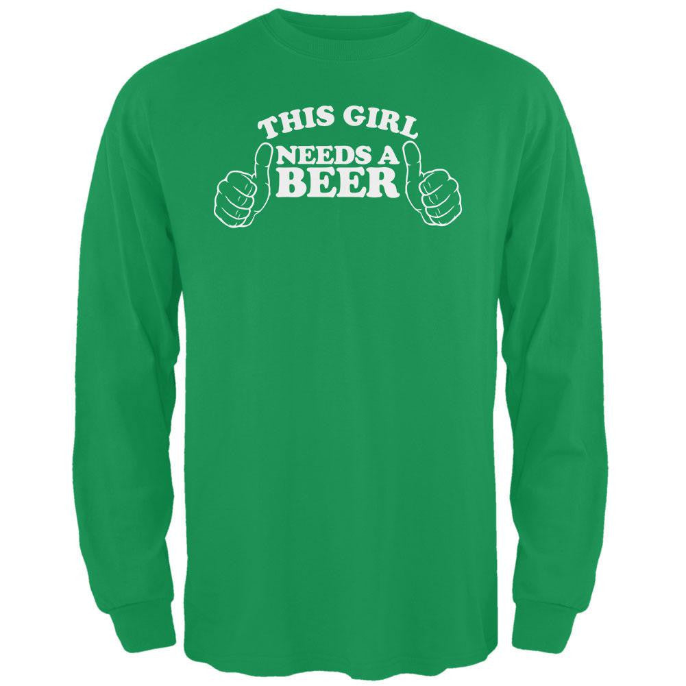 St. Patricks Day - This Girl Needs a Beer Irish Green Adult Long Sleeve T-Shirt Men's Long Sleeves Old Glory 2XL Green 