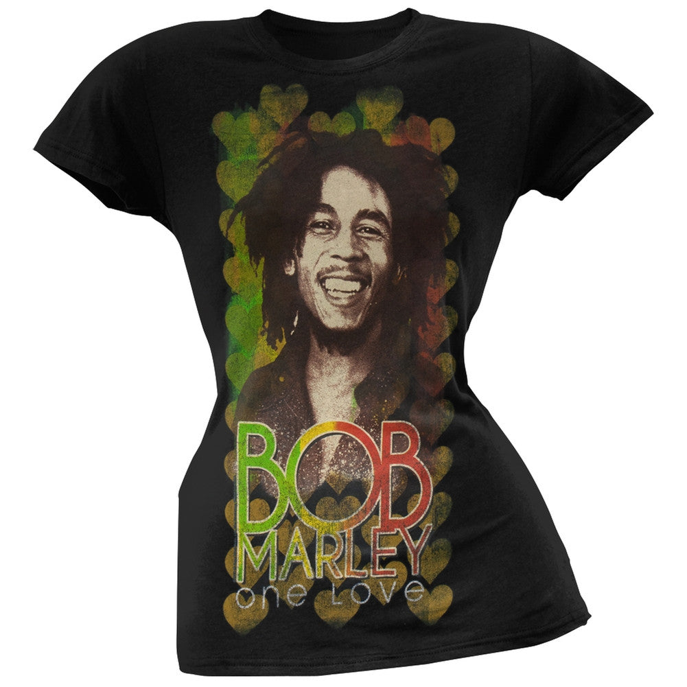 Bob Marley - One Love Profile In Hearts Juniors T-Shirt Juniors T-Shirts Bob Marley XS Black 