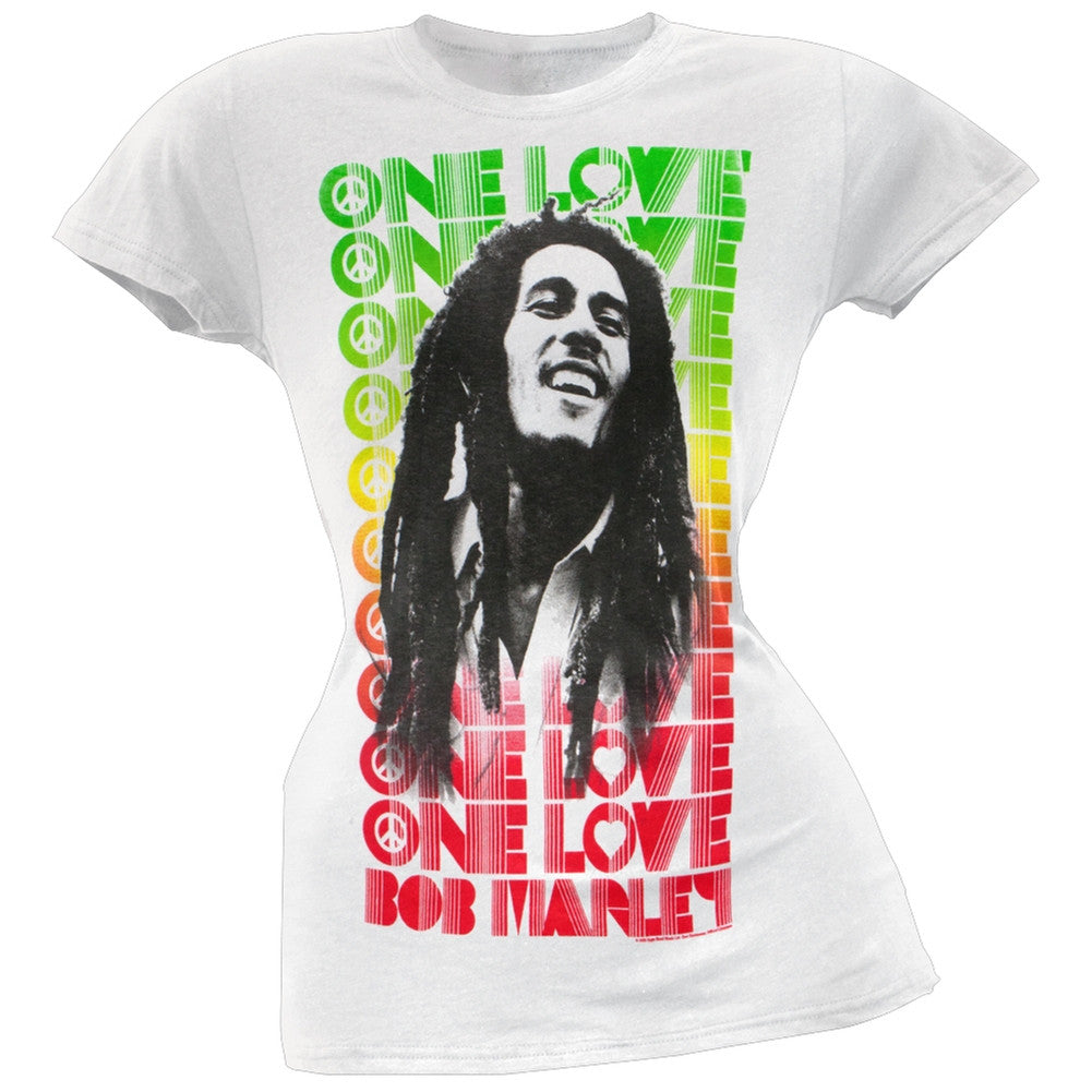 Bob Marley - Profile One Love Repeat Juniors T-Shirt Juniors T-Shirts Bob Marley SM White 