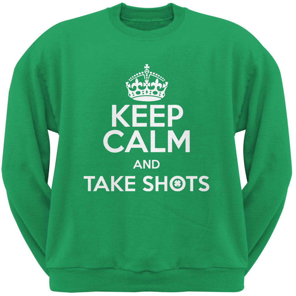 Keep Calm Take Shots Irish Green Adult Crew Neck Sweatshirt Men's Sweatshirts Old Glory 2XL Green 