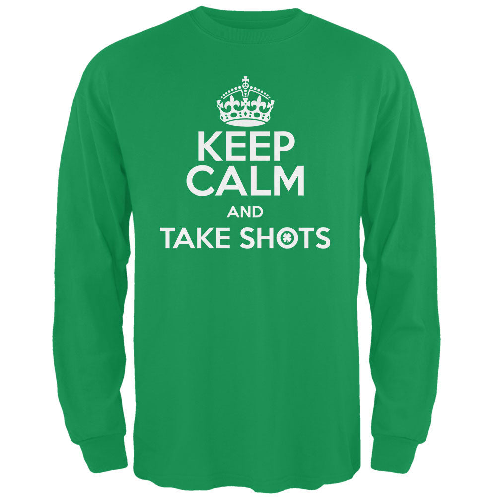 Keep Calm Take Shots Irish Green Adult Long Sleeve T-Shirt Men's Long Sleeves Old Glory 2XL Green 