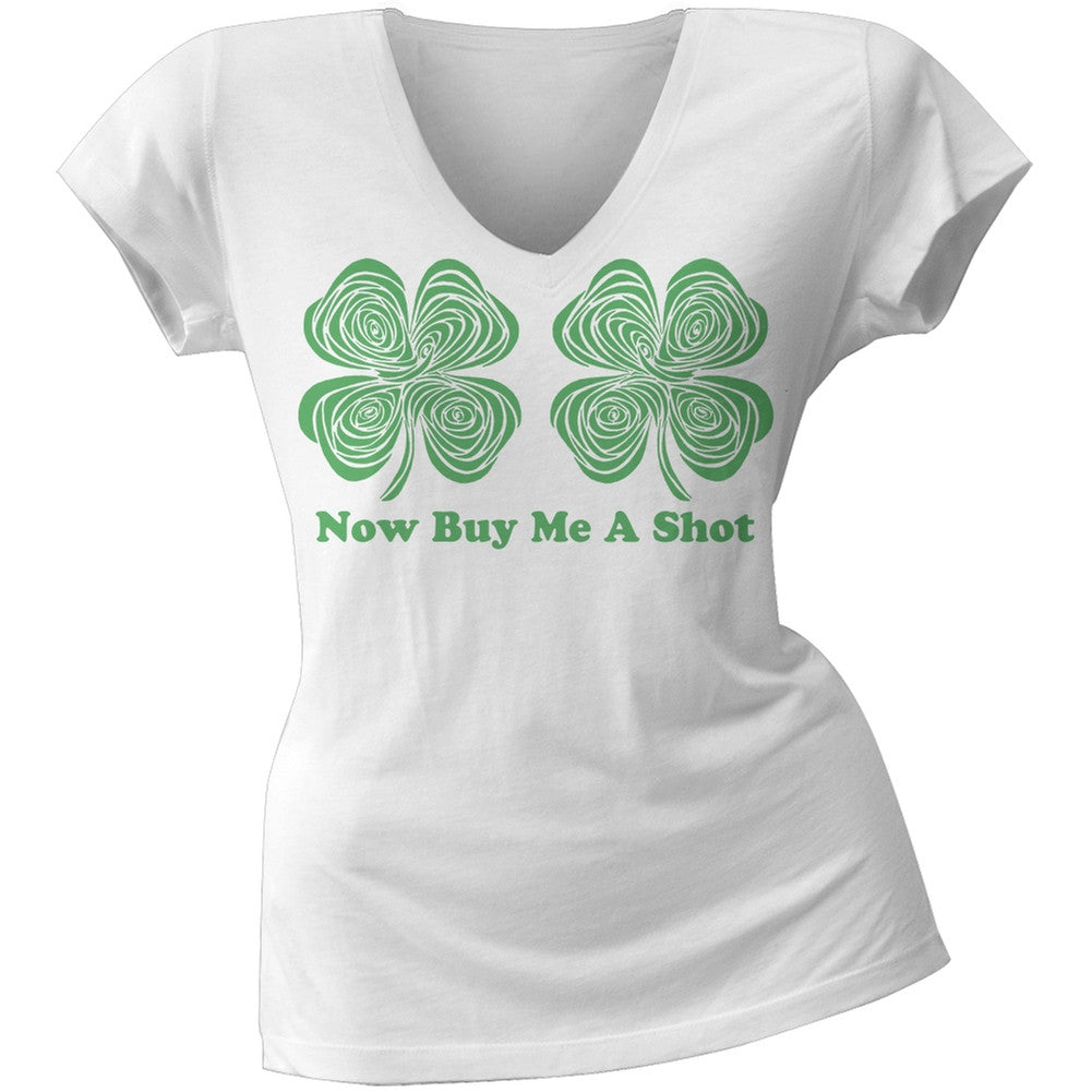 St. Patricks Day - Now Buy Me a Shot Hypnotic Shamrocks Juniors V-Neck T-Shirt Juniors T-Shirts Old Glory   