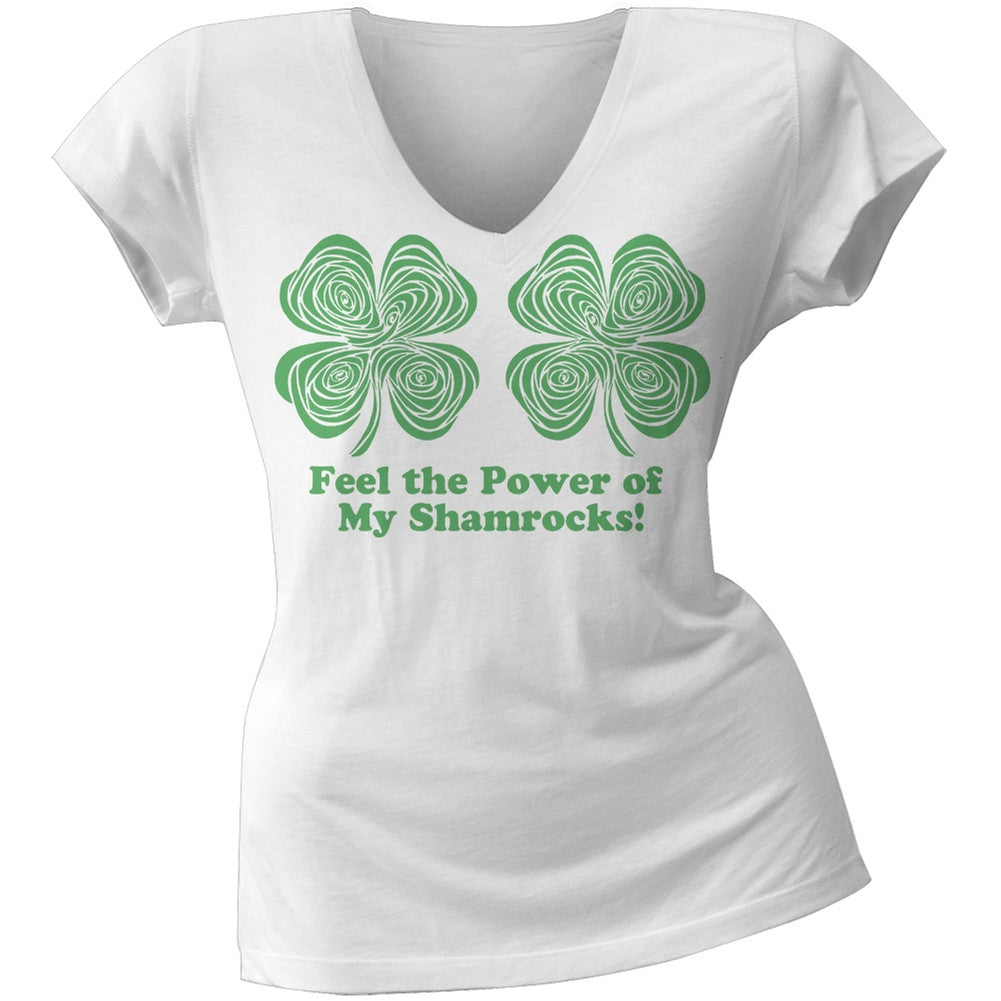 St. Patricks Day - Feel the Power Hypnotic Shamrock Juniors V Neck Soft T-Shirt Juniors T-Shirts Old Glory   