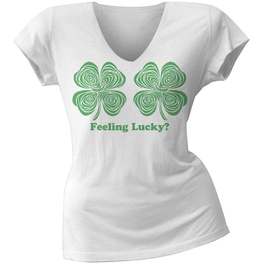 St. Patricks Day - Feeling Lucky Hypnotic Shamrock Juniors V Neck Soft T-Shirt Juniors T-Shirts Old Glory   