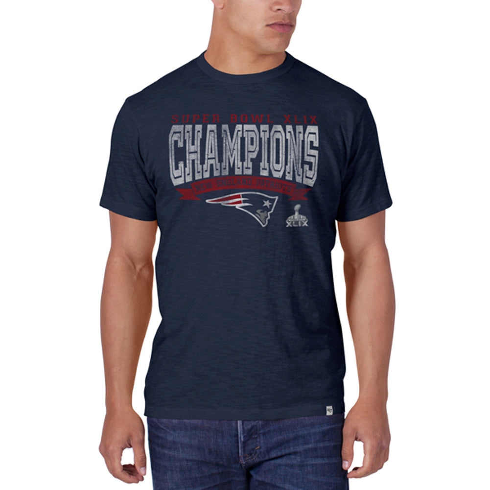 New England Patriots - Super Bowl 49 Champions Bold Logo Scrum Navy Premium T-Shirt Men's T-Shirts New England Patriots 2XL Blue 