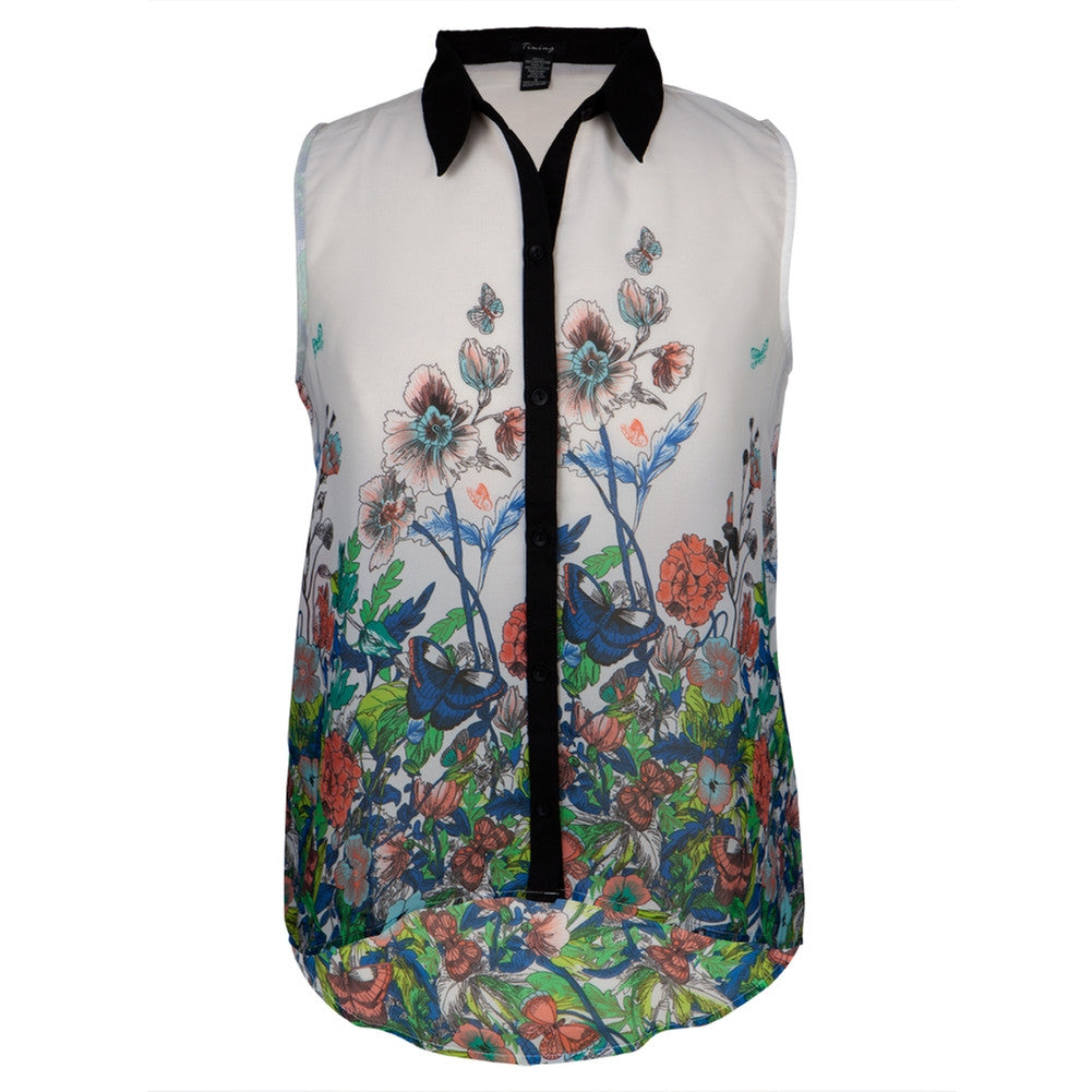 Butterflies Floral Print Women's Sleeveless Button Up Blouse Blouses Animalworld   