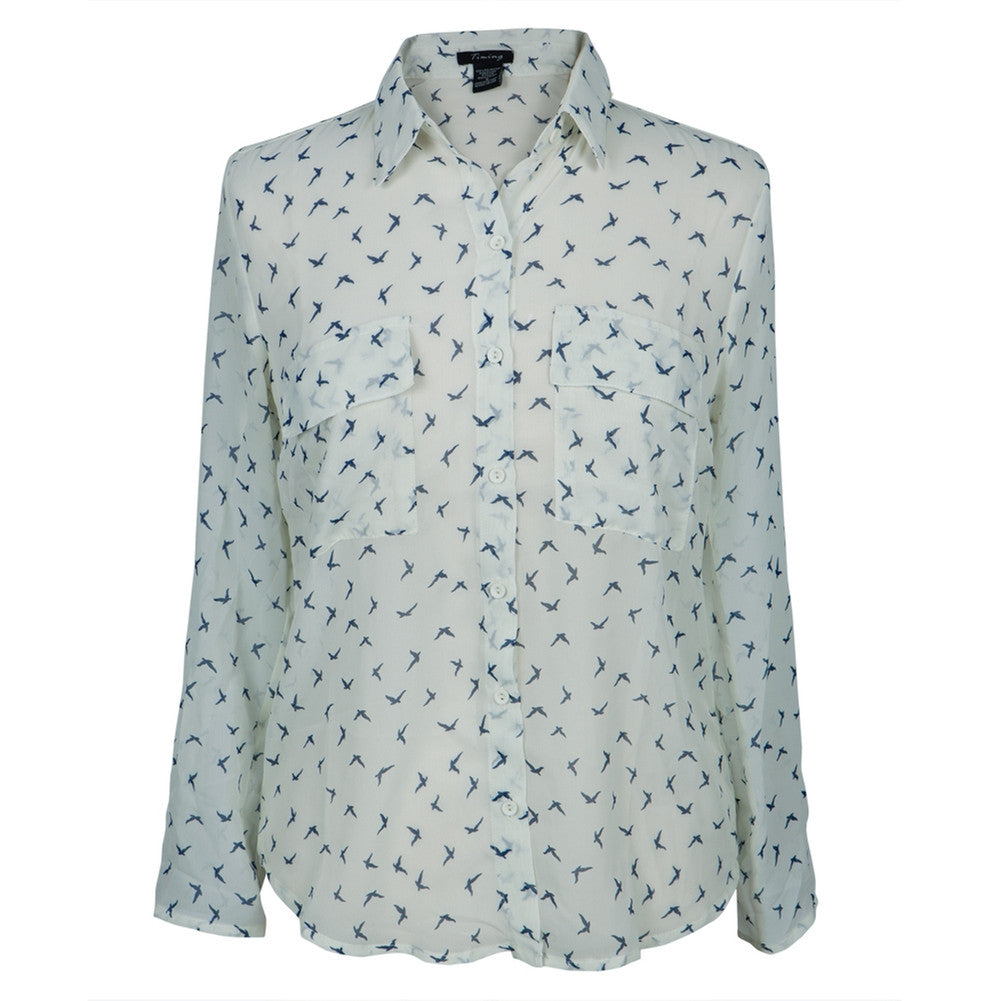 Birds Repeat All-Over Women's Long Sleeve Button Up Shirt Blouses Animalworld   