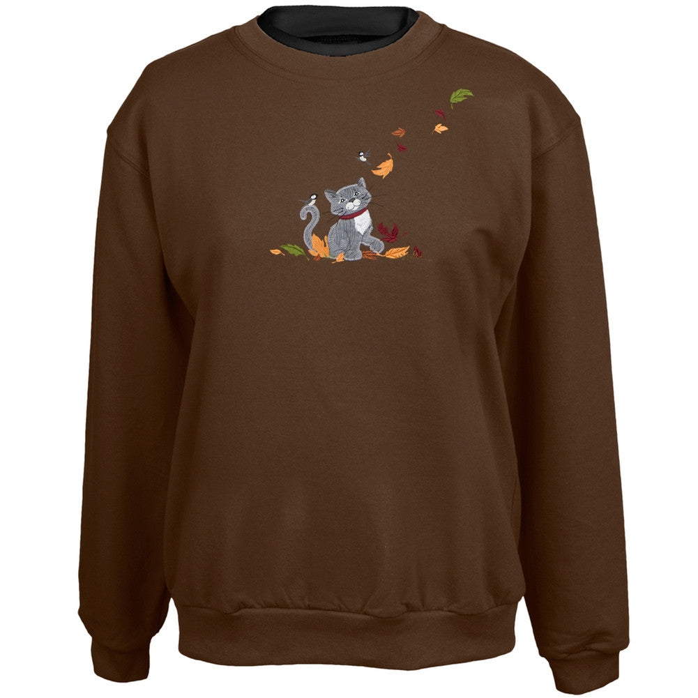 Cat Playing in the Leaves Women's Crew Neck Sweatshirt Sweatshirts Animalworld   