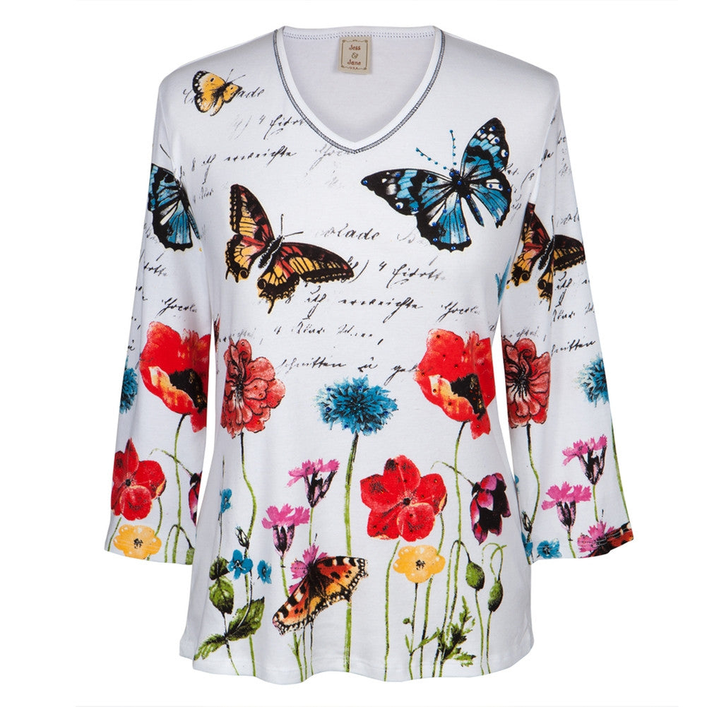 Butterflies Joyful Flowers Women's V-Neck Long Sleeve Blouse Long Sleeve T-Shirts Animalworld   