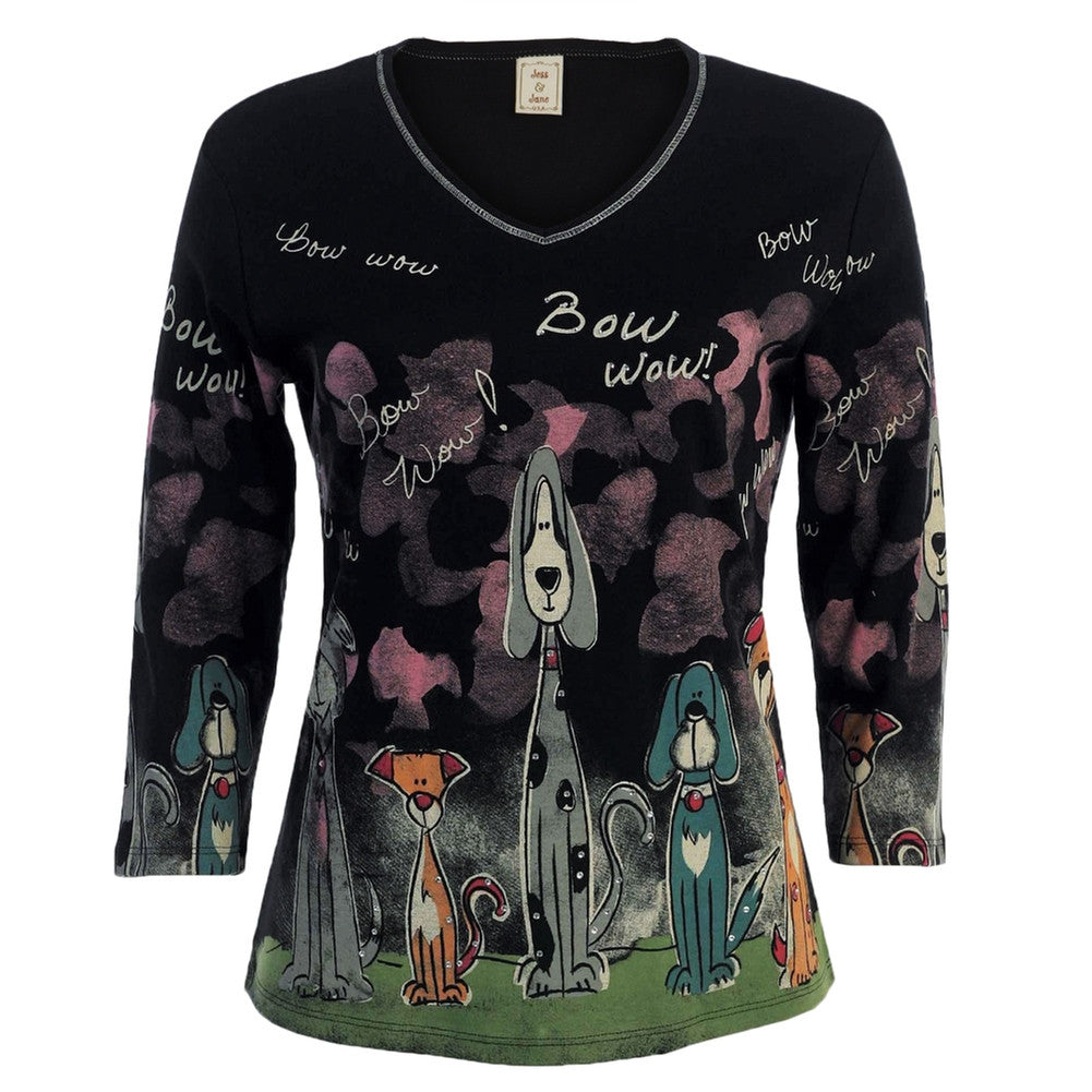 Dogs Bow Wow in the Night Women's V-Neck Long Sleeve Blouse Long Sleeve T-Shirts Animalworld   