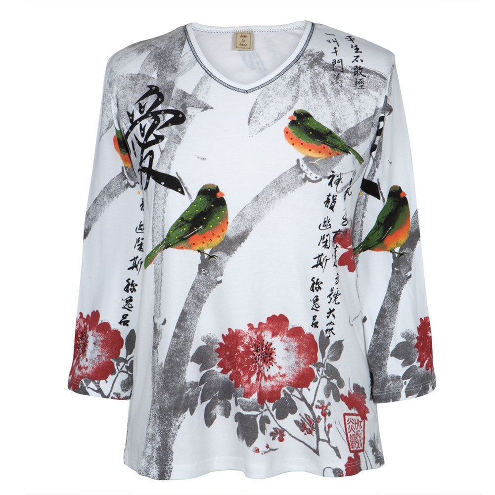 Asian Love Birds Women's V-neck 3/4 Sleeve Blouse Long Sleeve T-Shirts Animalworld   