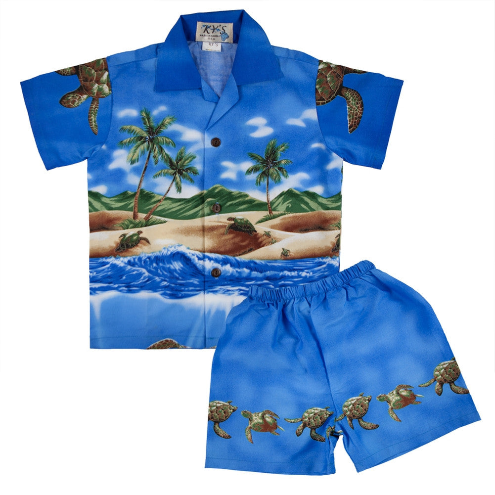 Turtles on the Beach Juvy Hawaiian Shirt & Shorts Set Short Sets Old Glory   