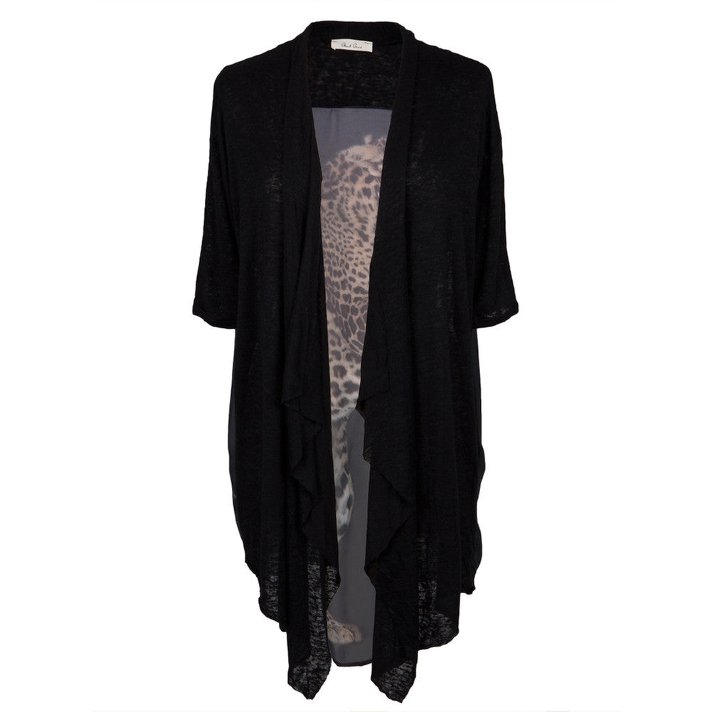 Black Short Sleeve Knit Cardigan with Sheer Leopard Back Sweaters Animalworld   