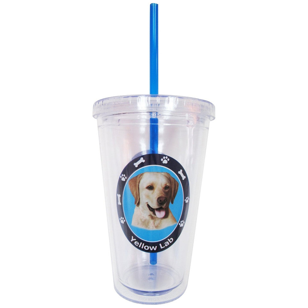 Yellow Labrador Profile Circle Plastic Pint Cup With Straw Tumblers Animalworld   