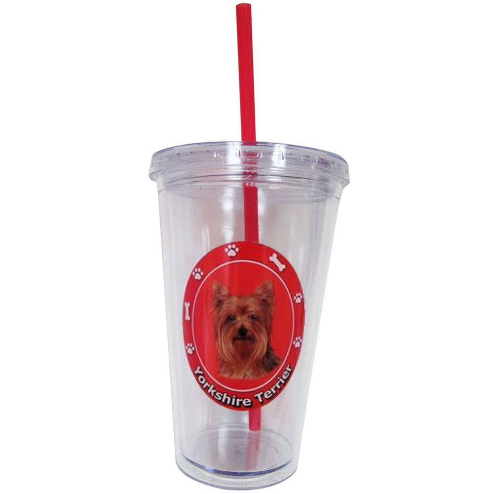 Yorkshire Terrier Profile Circle Plastic Pint Cup With Straw Tumblers Animalworld   