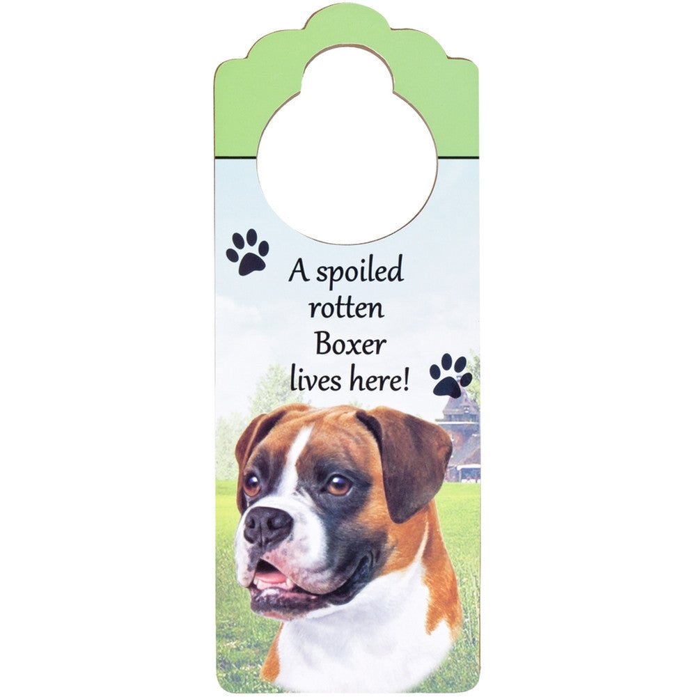 A Spoiled Boxer Uncropped Lives Here Hanging Doorknob Sign Door Hangers AnimalWorld   