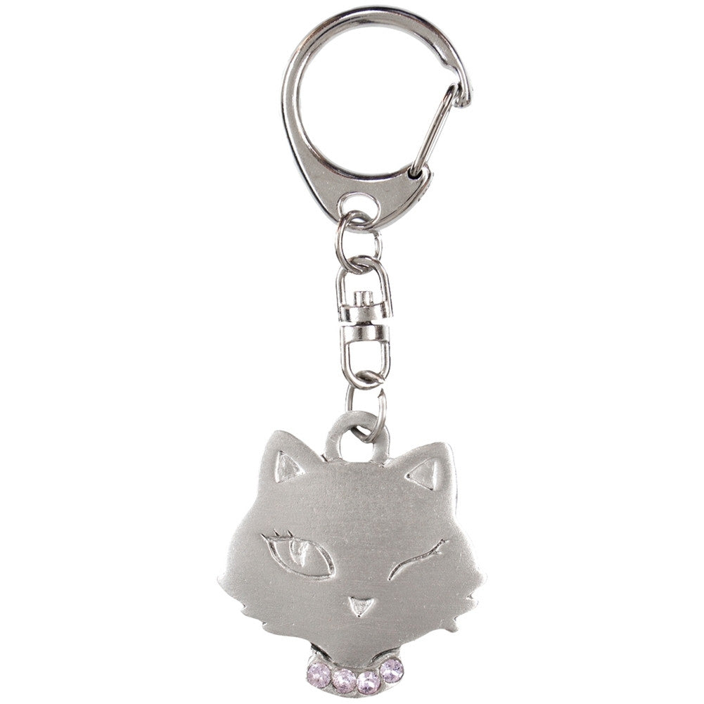 Winking Cat With Rhinestones Pewter Key Tag Keychains Animalworld   