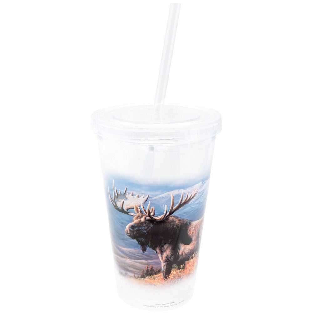 Moose on Mountain Side Double Wall Acrylic Tumbler With Straw Tumblers Animalworld   