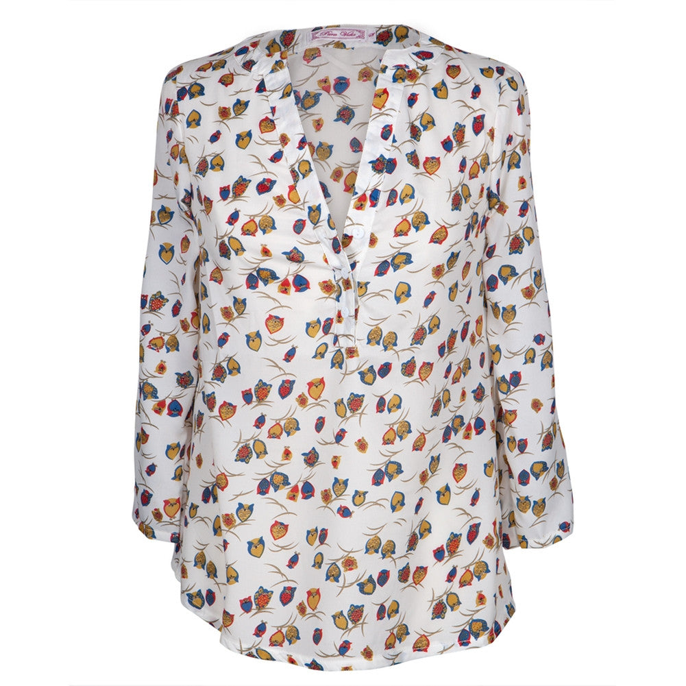 Owls on a Branch All-Over Women's Long Sleeve Blouse Blouses Animalworld   