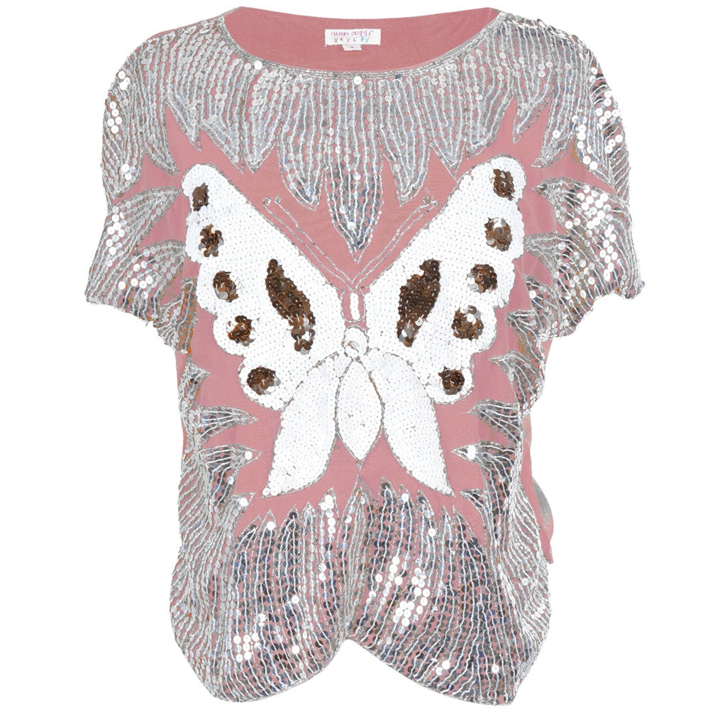 Butterfly Sequined Pink Women's Dolman Blouse Blouses Animalworld   