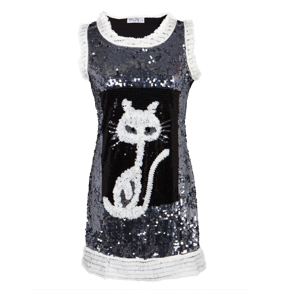 Women's Black and White Sequin Cat Dress Blouses Animalworld   