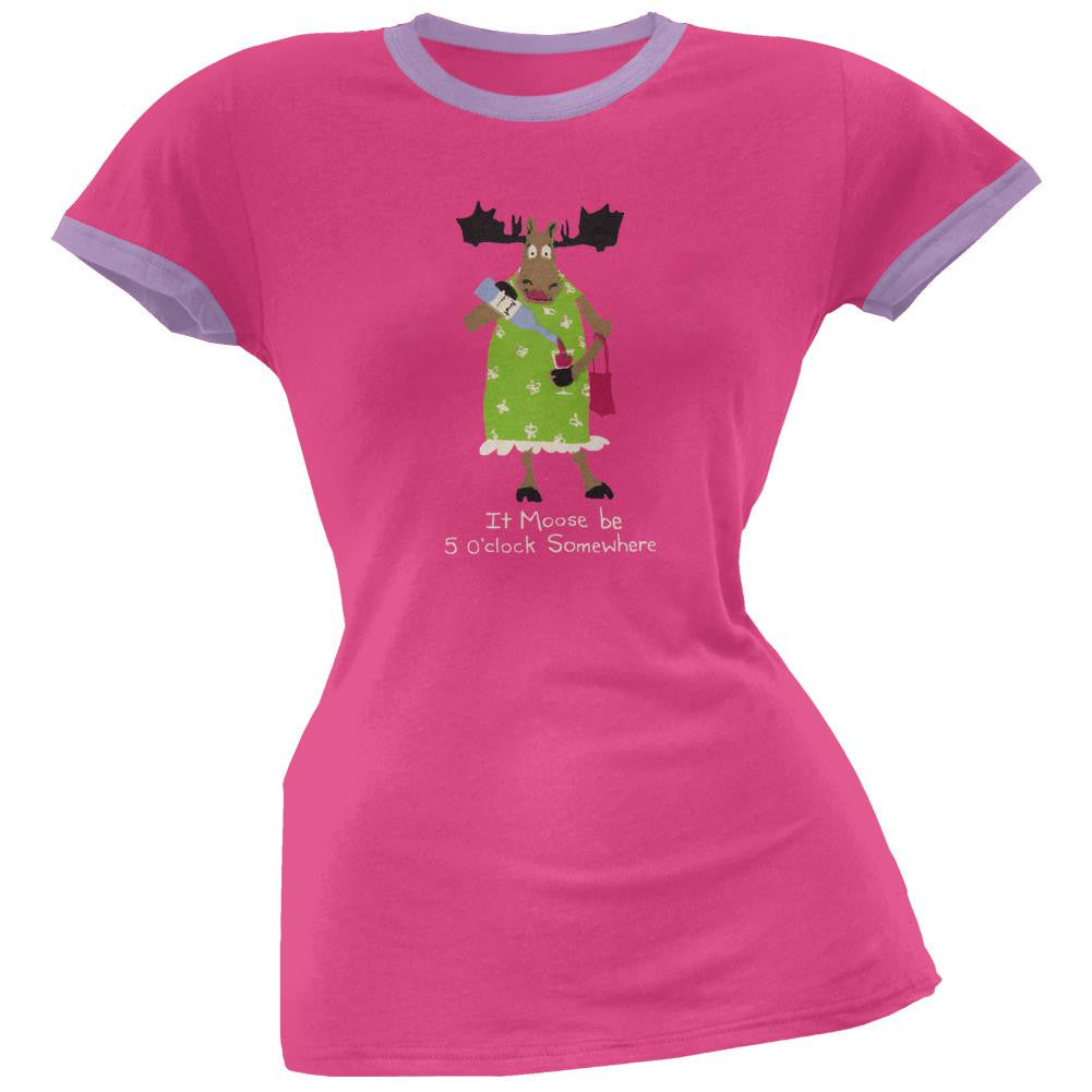 It Moose Be 5 O'Clock Women's Pajama Ringer T-Shirt Sleepwear Tops Animalworld   