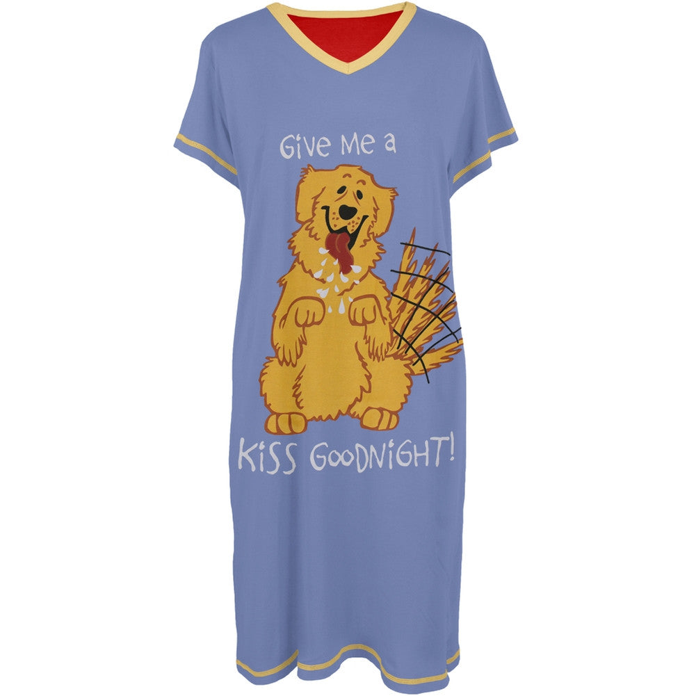 Dog Kiss Goodnight Women's V-Neck Nightshirt Nightshirts Lazy One MD Blue 