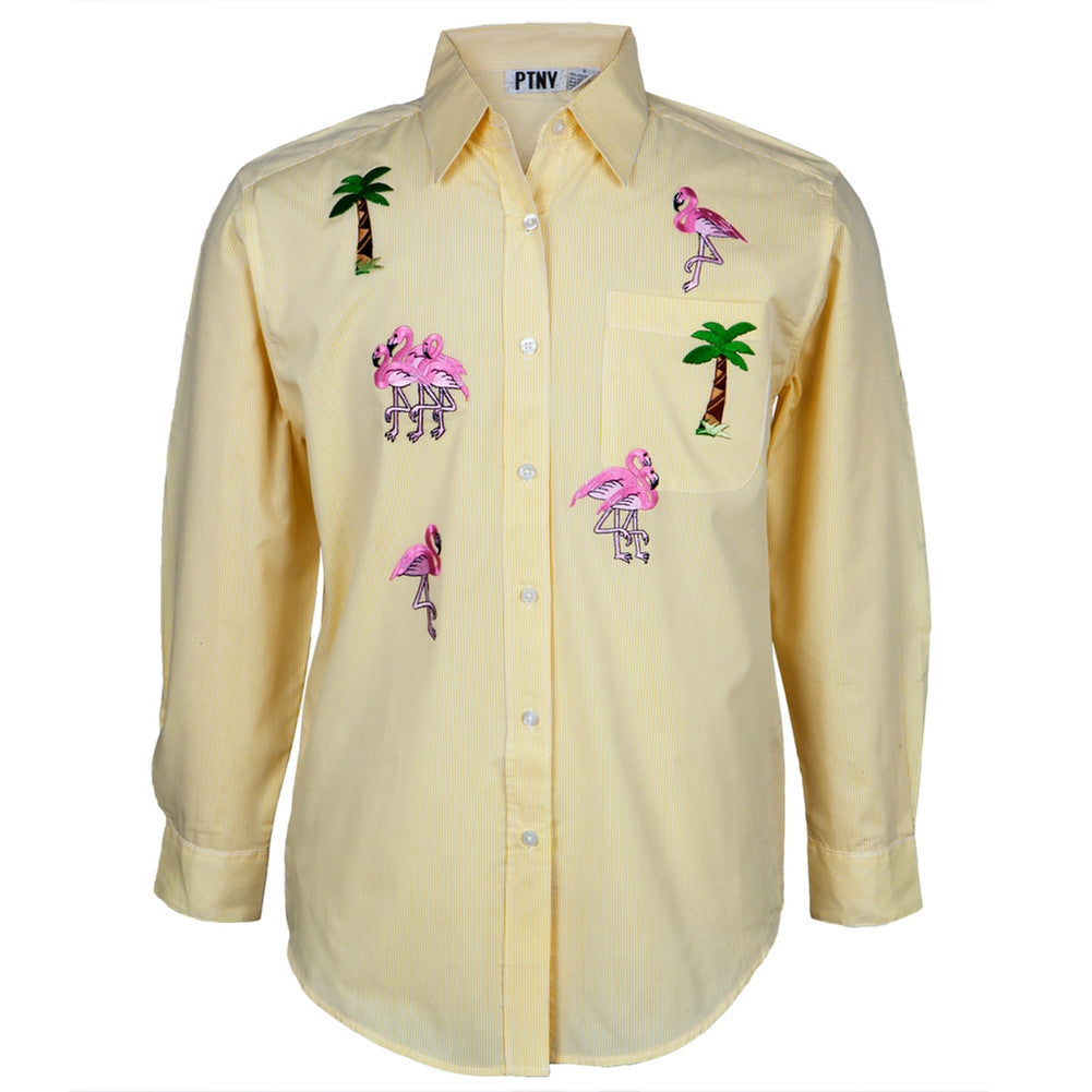 Yellow Stripe Pink Flamingos Men's Button Down T-Shirt Dress Shirts Animalworld   