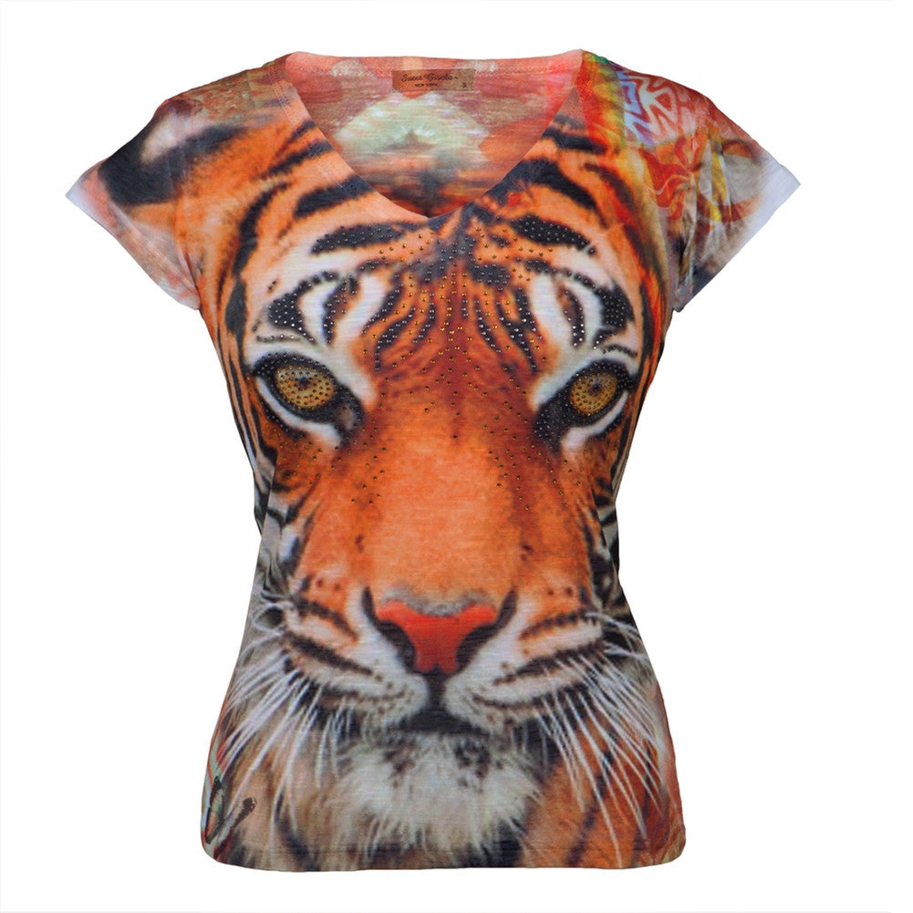 Bengal Tiger Portrait Juniors V-Neck T-Shirt Juniors T-Shirts Sweet Gisele, Inc   