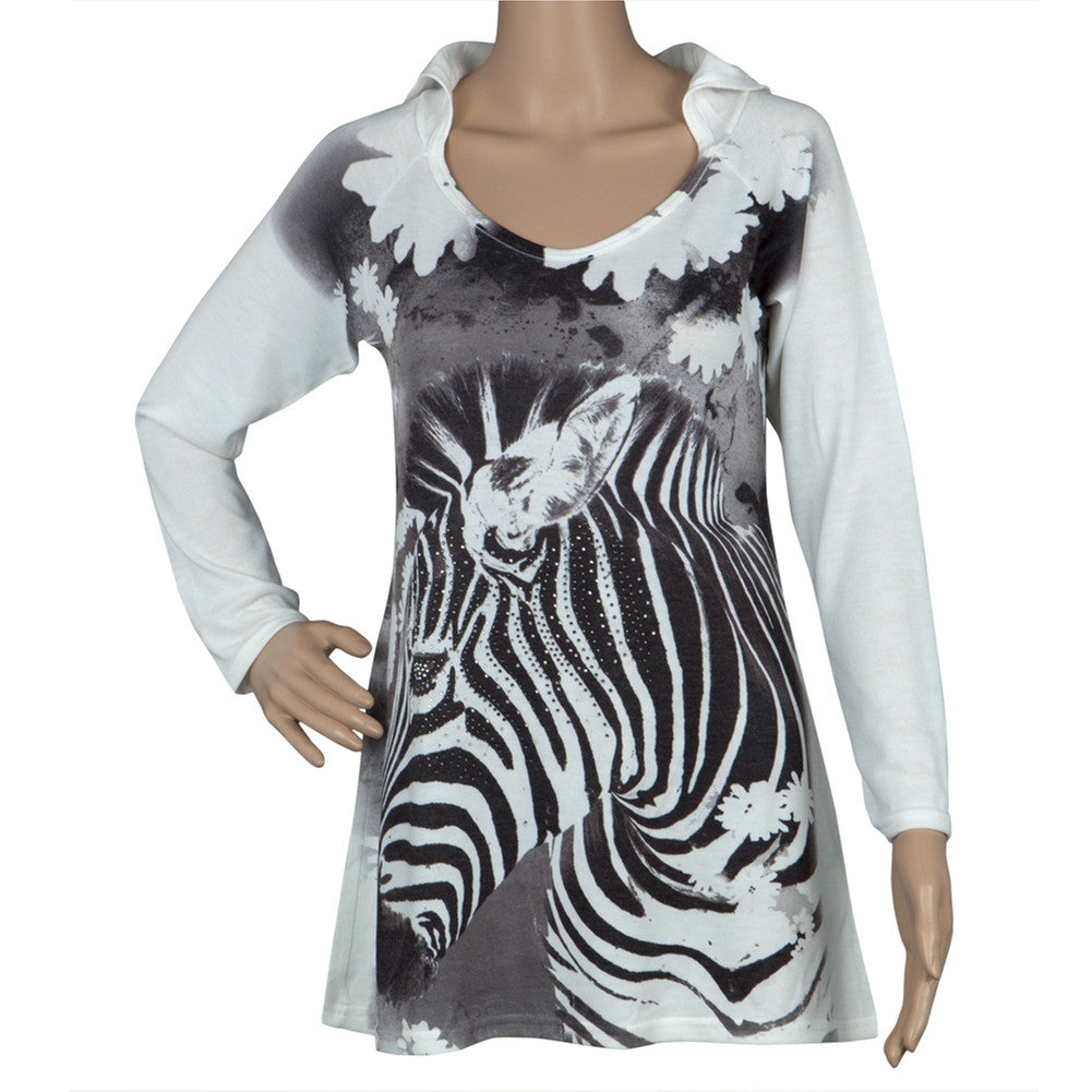 Zebra Portrait Juniors Hooded Long Sleeve T-Shirt Long Sleeve T-Shirts Animalworld   