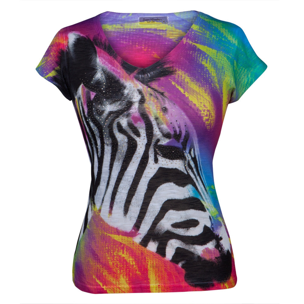 Zebra Juniors V-Neck T-Shirt Juniors T-Shirts Sweet Gisele, Inc   