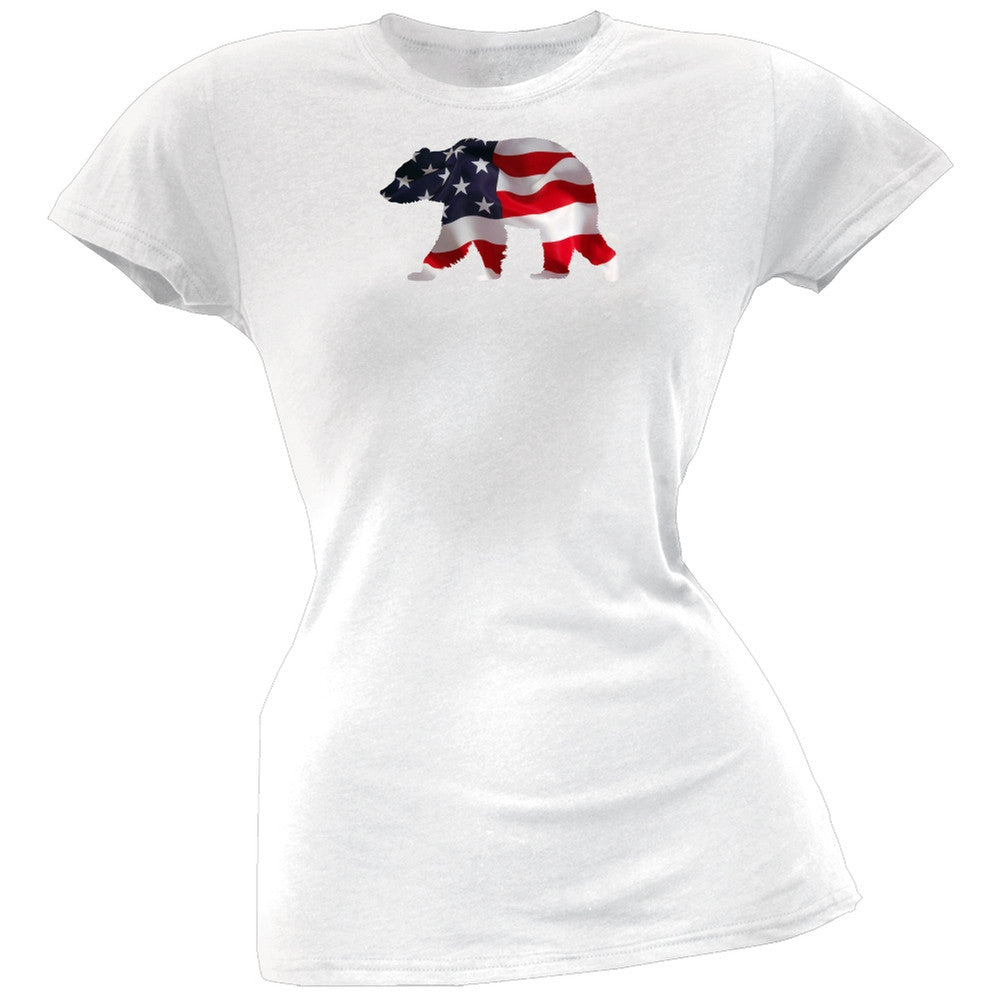 Walking USA Flag Silhouette Bear White Women's T-Shirt Women's T-Shirts Old Glory   