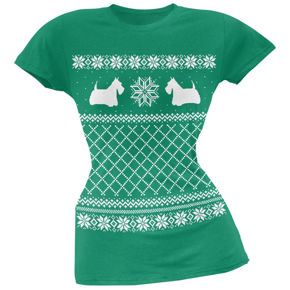 Scottish Terrier Ugly Christmas Sweater Green Juniors T-Shirt Juniors T-Shirts Old Glory   