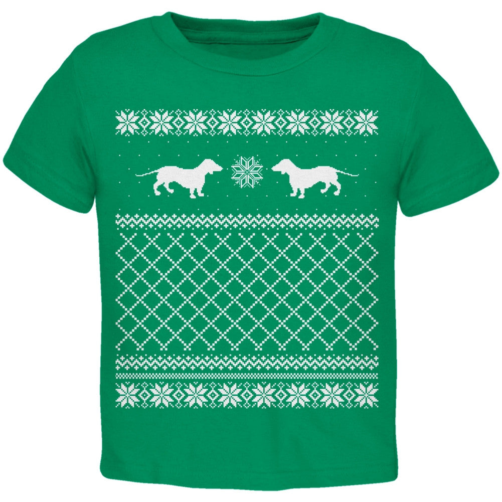 Dachshund Ugly Christmas Sweater Green Toddler T-Shirt Toddler T-Shirts Old Glory   