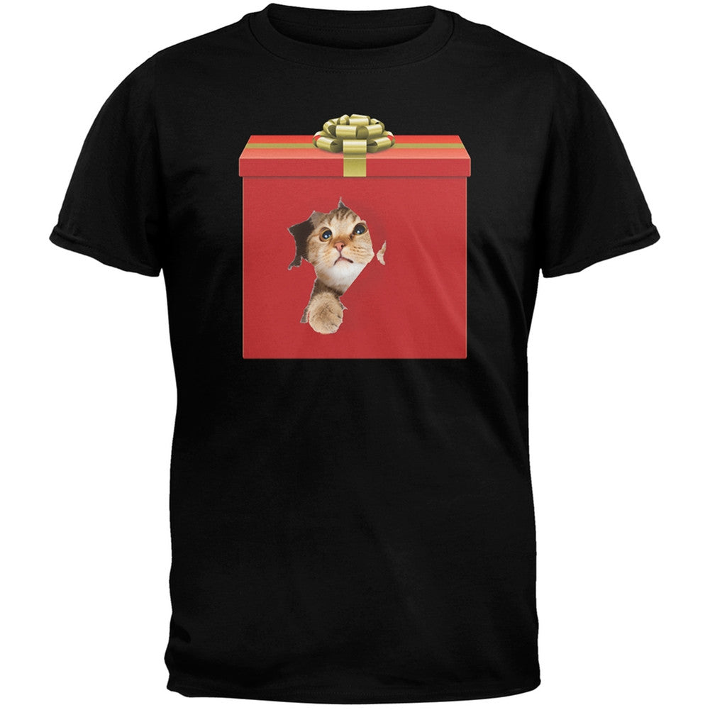 Christmas Present Cat Black T-Shirt Men's T-Shirts Old Glory   