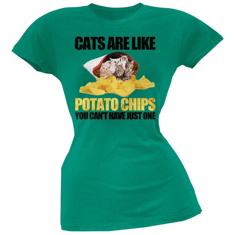 Cats Are Like Potato Chips Juniors Green T-Shirt Juniors T-Shirts Old Glory   