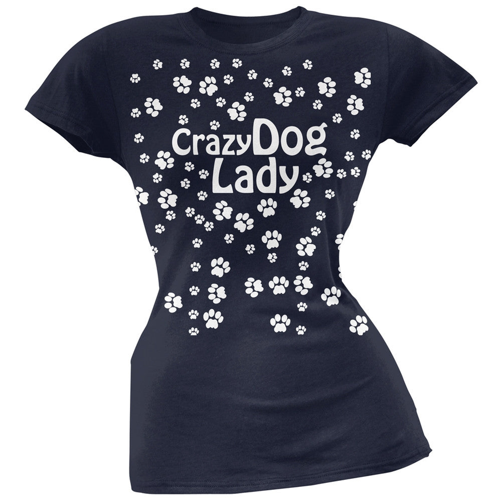 Crazy Dog Lady Paw Prints Navy Soft Juniors T-Shirt Juniors T-Shirts Old Glory   