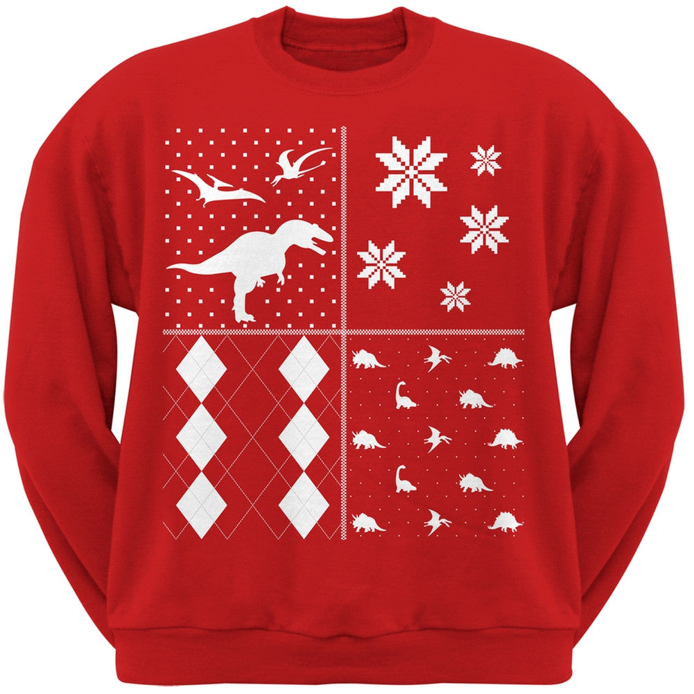 Dinosaurs Festive Blocks Ugly Christmas Sweater Red Adult Crew Neck Sweatshirt Sweatshirts Old Glory   