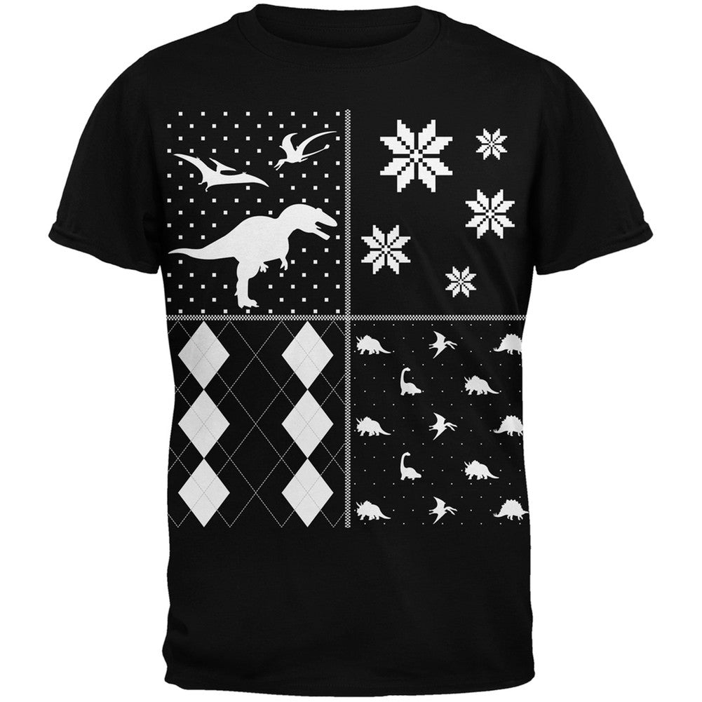 Dinosaurs Festive Blocks Ugly Christmas Sweater Black Adult T-Shirt Men's T-Shirts Old Glory   