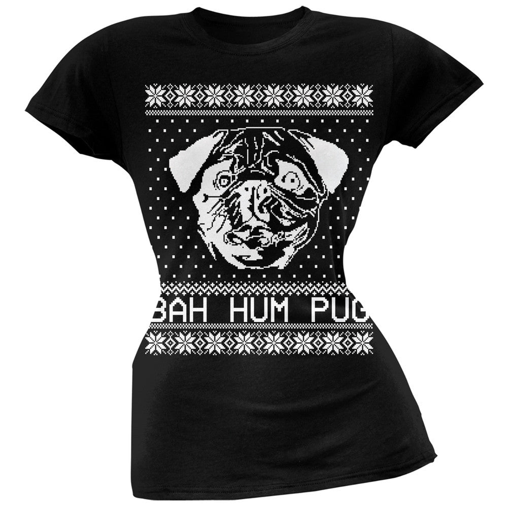 Bah Hum Pug Ugly Christmas Sweater Black Soft Juniors T-Shirt Juniors T-Shirts Old Glory   