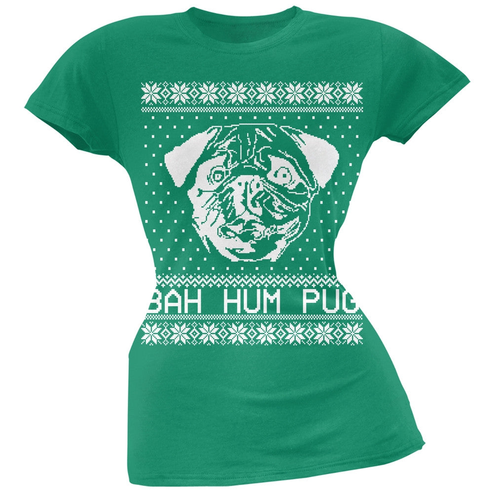 Bah Hum Pug Ugly Christmas Sweater Black Soft Juniors T-Shirt Juniors T-Shirts Old Glory   