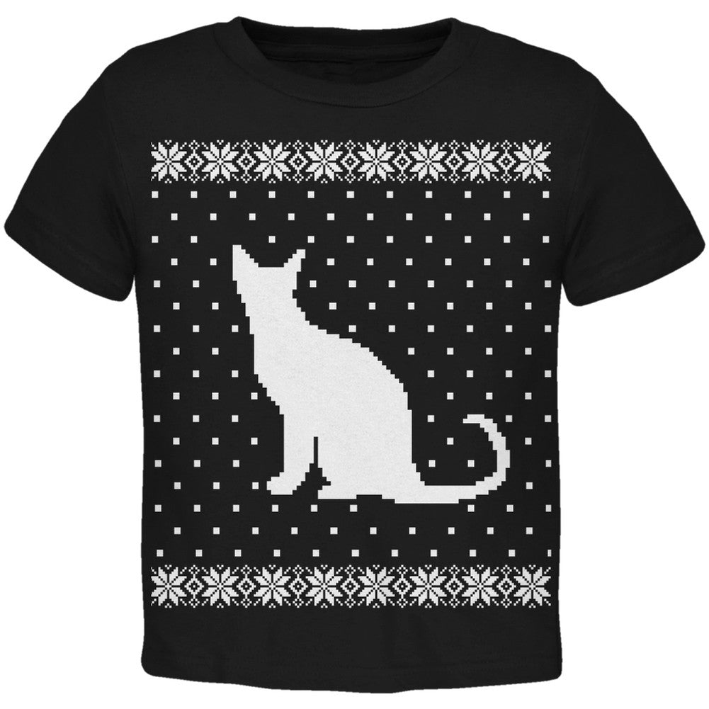 Big Cat Ugly Christmas Sweater Black Toddler T-Shirt Toddler T-Shirts Old Glory   